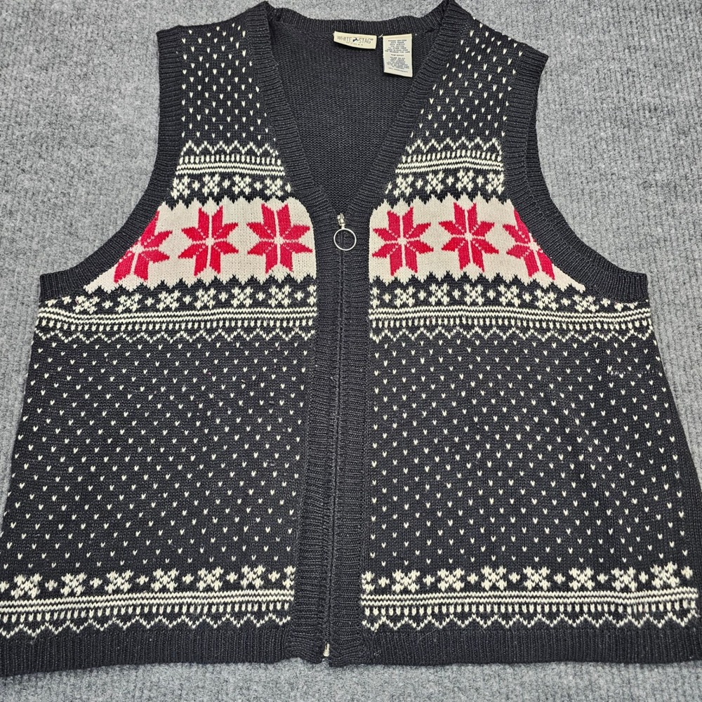White Stag Sweater Vest Women 18W/20W Black Nordic Snowflake Full Zip Knit Ramie